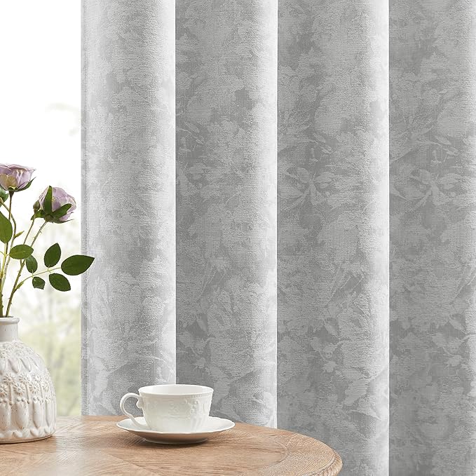 Beauoop Grey Floral Jacquard Blackout Curtains 108 Inches Long 2 Panels by Beauoop