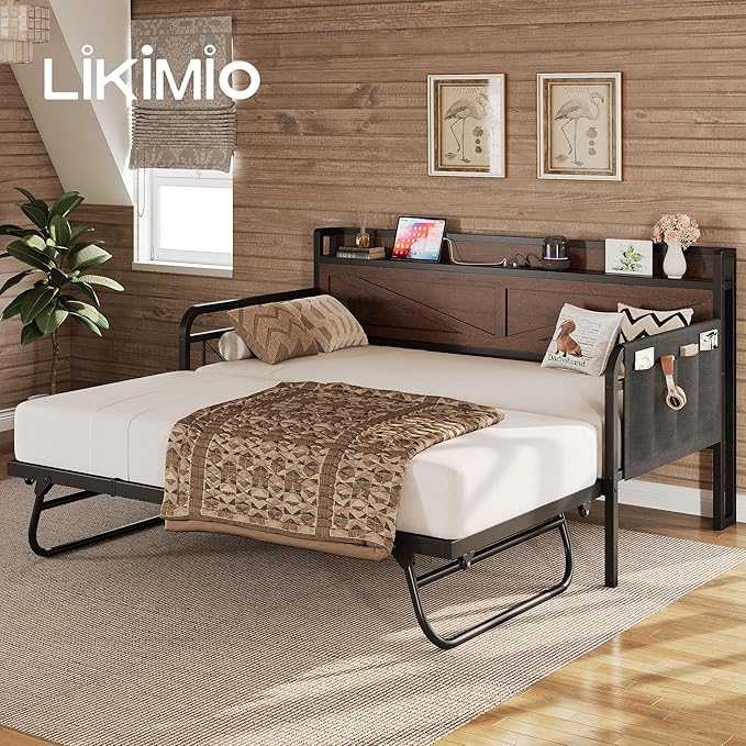 LIKIMIO Twin Daybed with Trundle Bed, Storage Headboard with Charging Station - Image 9