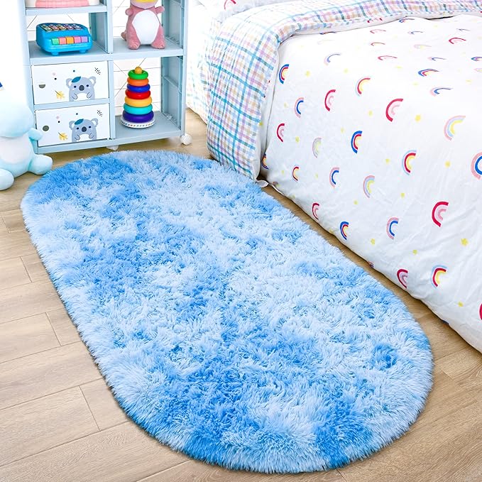 Noahas Oval Fluffy Blue Rainbow Rug 2.6X5.3 Small Kids Rugs by ModernHomeDecor