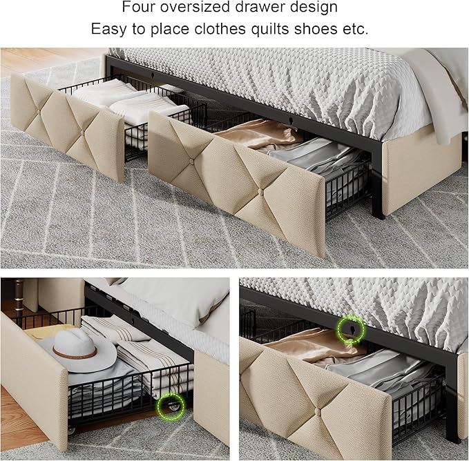 Feonase Queen Bed Frame with 4 Storage Drawers, Upholstered Button Tufted 4" - Image 3