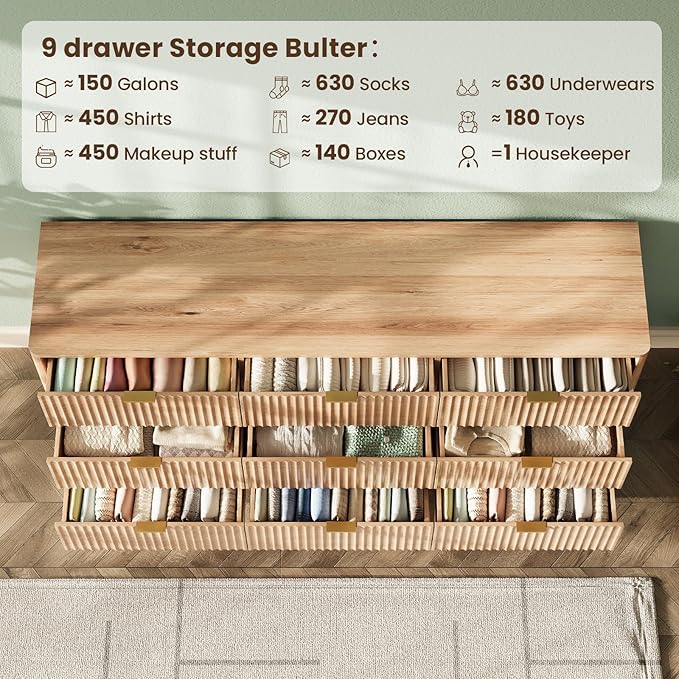 63'' Wide 9 Drawers Dresser for Bedroom, Modern Fluted Vertical Chest - Image 5