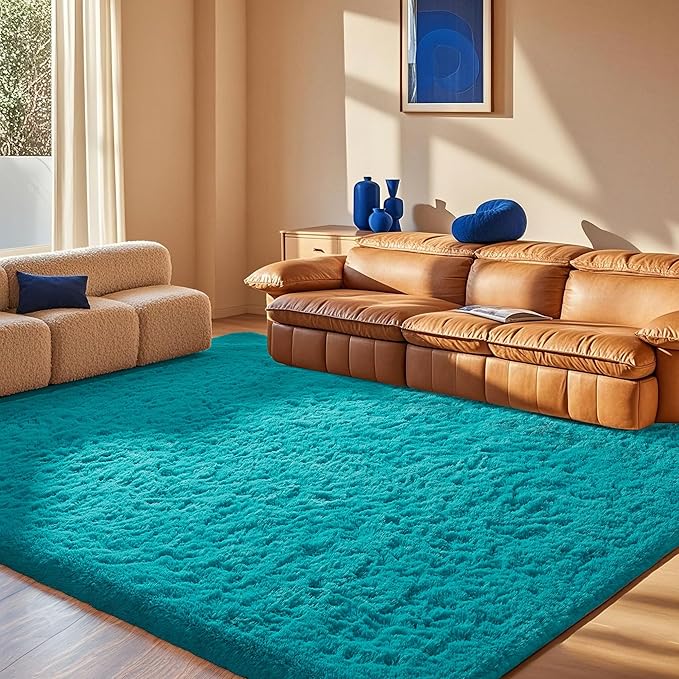 Ophanie Teal Rugs for Living Room Bedroom, 6x9 Fluffy Fuzzy Furry Carpet - Image 5