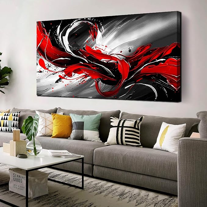 Black White and Red Abstract Print Picture Painting Large Canvas Wall Art by FramedCanvasWallArt