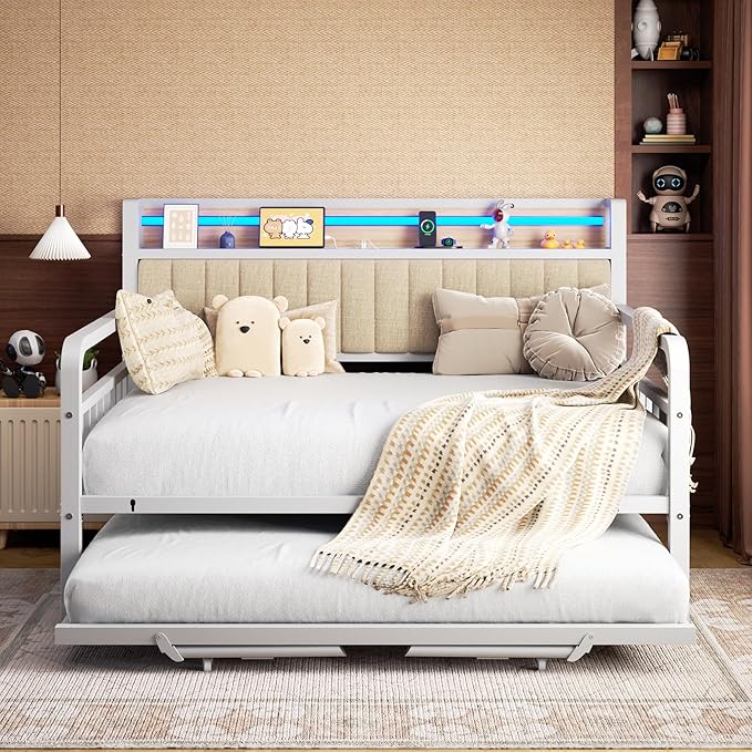 Daybed with Trundle and LED Light, Heavy Duty Metal Full Bed Frame with - Image 4