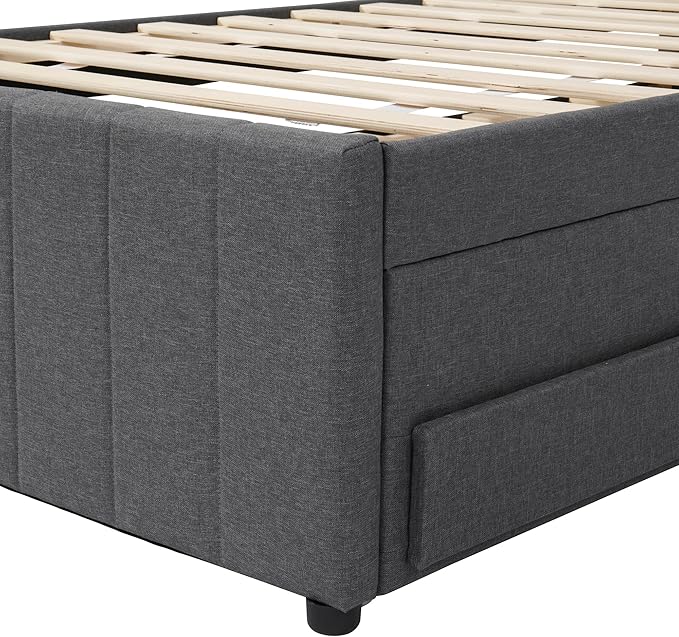 Twin Size Bed Frame with Trundle Bed and Storage Drawers, Linen Upholstered Bed - Image 8