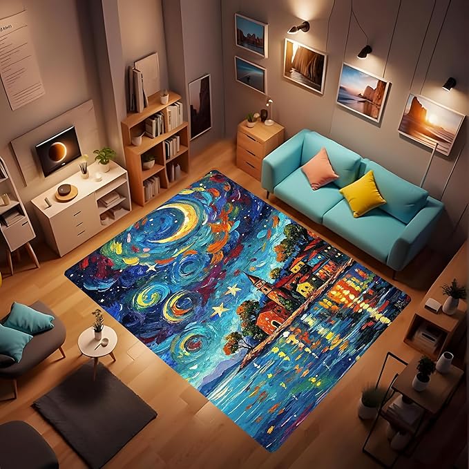 Machine Washable 2' x 3' Seaside Villages and Churches Area Rug, Bule Floor mat by Unknown