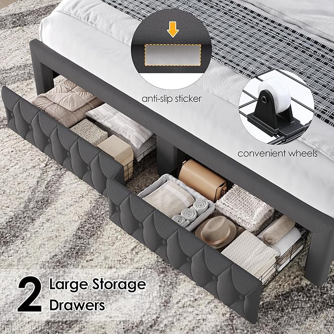 Keyluv King Bed Frame with LED Lights and 2 Storage Drawers, Velvet Upholstered - Image 8