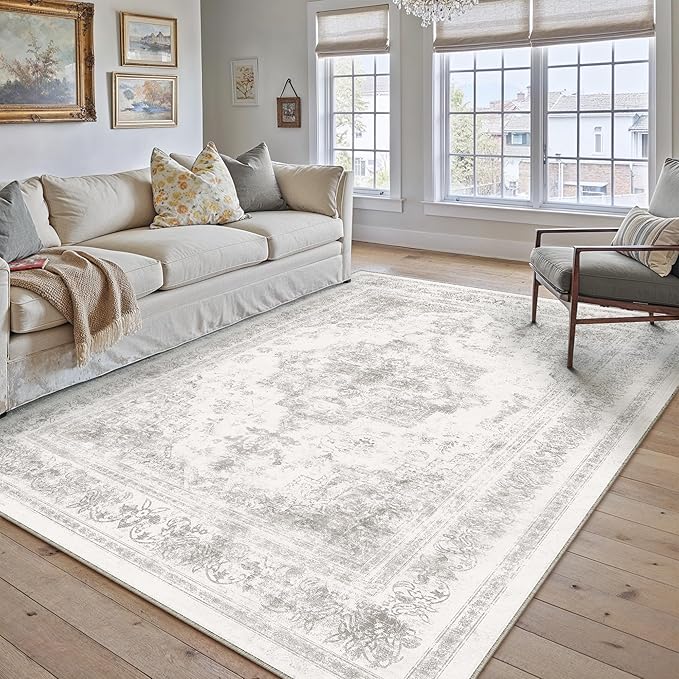 Area Rug 5x7 Washable Light Gray Rug Vintage Boho Medallion Large Grey by PureCozy