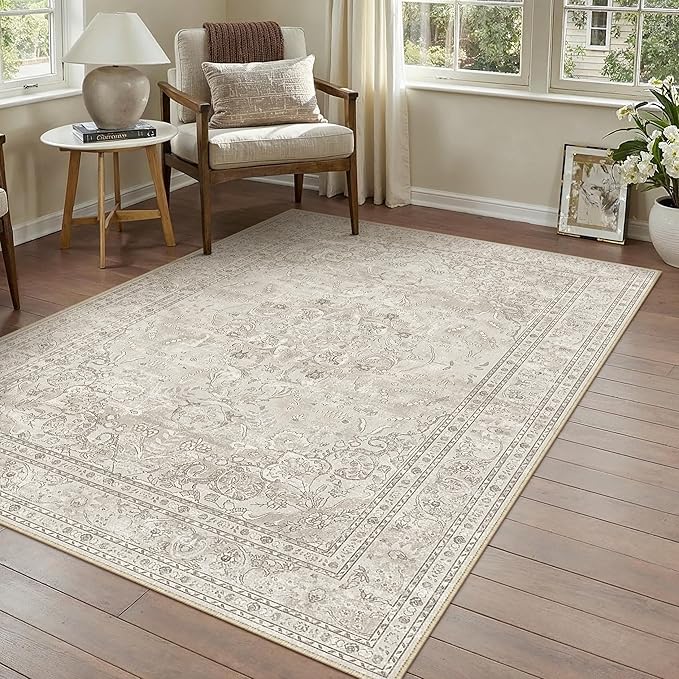 Beige 4x6 Area Rug Washable Vintage Carpet by PureCozy