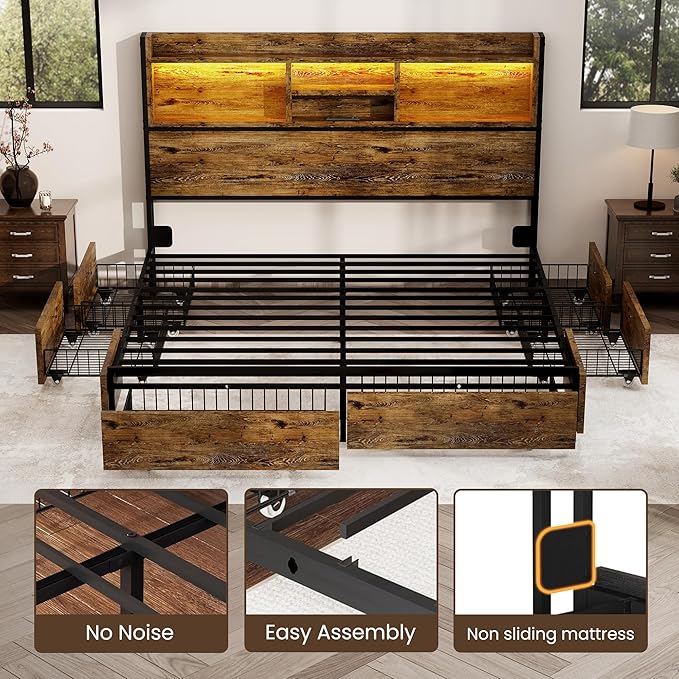 Queen Storage Bed Frame with 6 Drawers, USB Charging Station, No Noise - Image 7