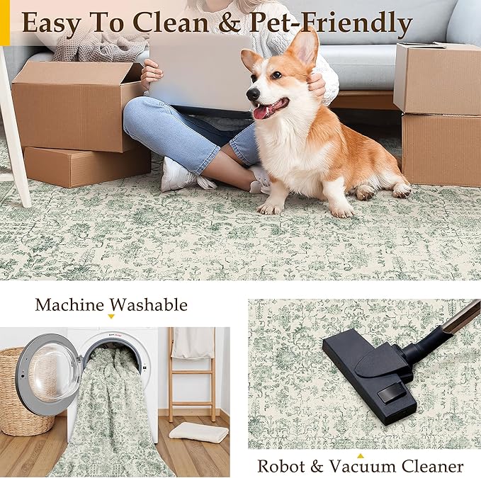 Sage Green Area Rug 6x9 Living Room Washable Carpet Vintage Distressed Non Slip - Image 4