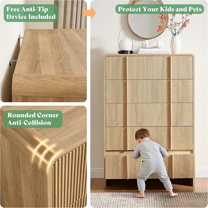AMERLIFE Fluted 5 Drawer Dresser, Rounded Corners & Anti-Tip Design, Wood - Image 4