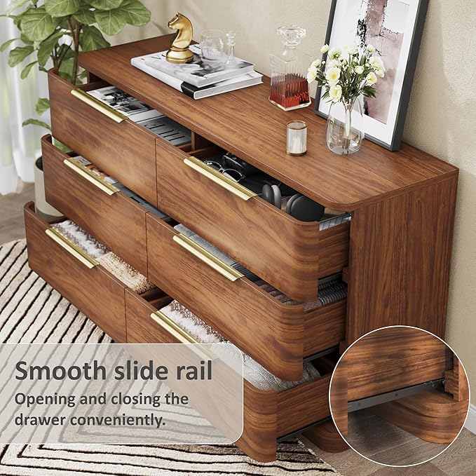 6 Drawer Dresser for Bedroom, Curved Profile Design, Wooden Walnut Dresser - Image 3