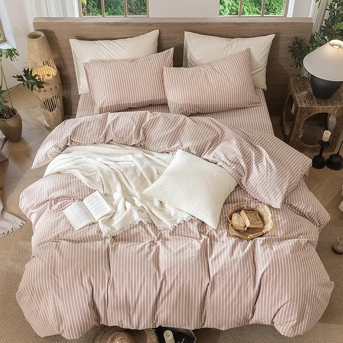 MooMee Striped Duvet Cover Set 100% Washed Cotton Linen Like Textured - Image 6