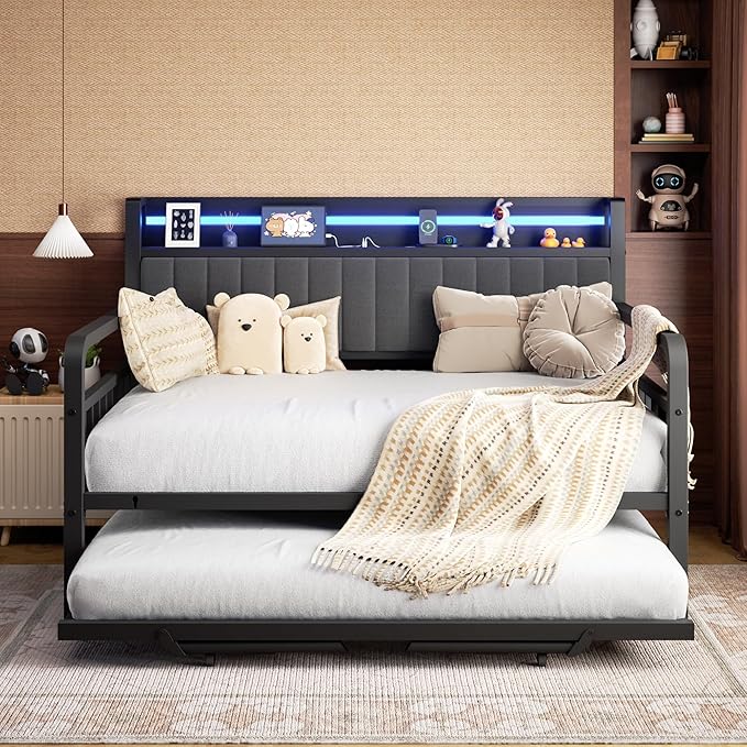 Daybed with Trundle and LED Light, Heavy Duty Metal Full Bed Frame with - Image 4