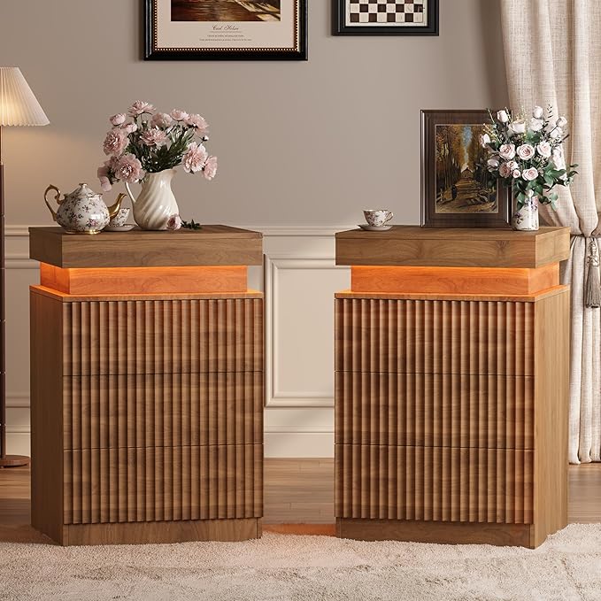Nightstand Set of 2 for Bedroom, LED Nightstand by BOXACTION