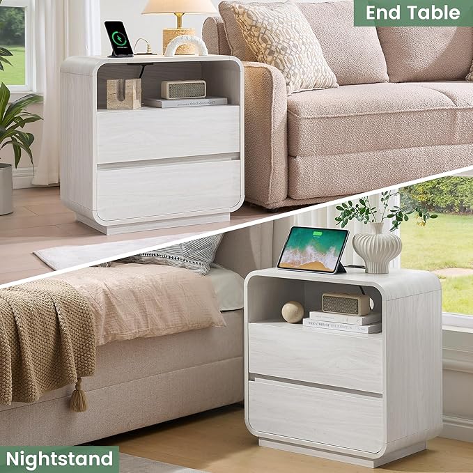 White Nightstand with Charging Station, Modern End Table with 2 Storage Drawers - Image 6