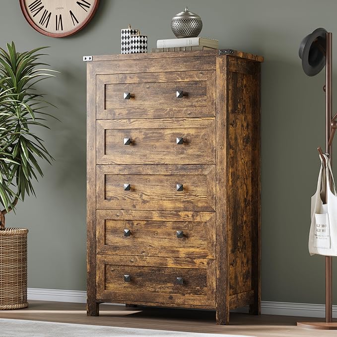 Tall 5-Drawer Dresser, Modern Wooden Storage Chest of Drawers, Dresser TV Stand - Image 5