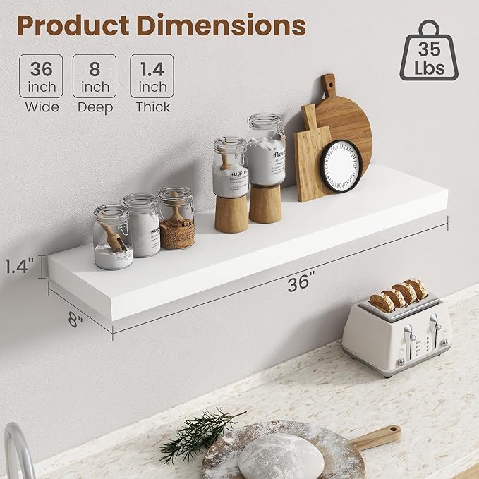 36 Inch Floating Shelves for Wall, 8 Inch Deep Floating Shelf for Storage & - Image 3