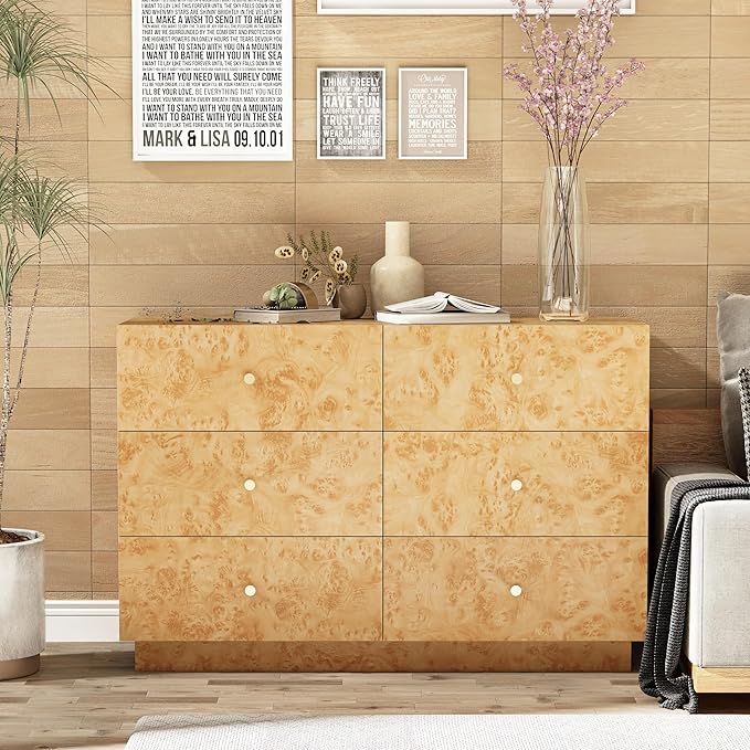 Modern 6 Drawer Dresser with Burl Finish, Wide Wood Chest of Drawers Clothes by Aoikax