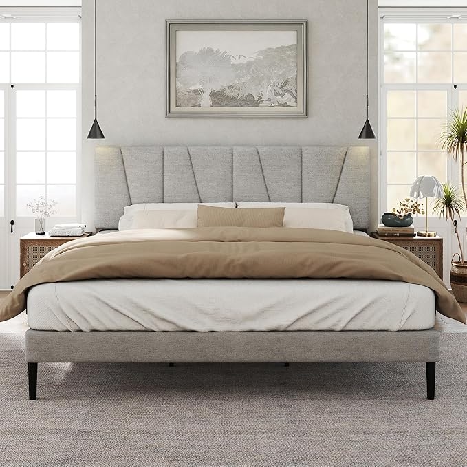 Full Size Bed Frame with Fabric Upholstered Headboard, Platform Bed with Wooden - Image 3