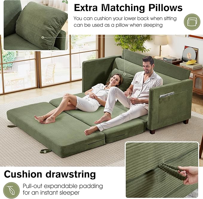 65" Loveseat Sleeper Sofa Bed, Corduroy Convertible Sofa Bed - Image 3