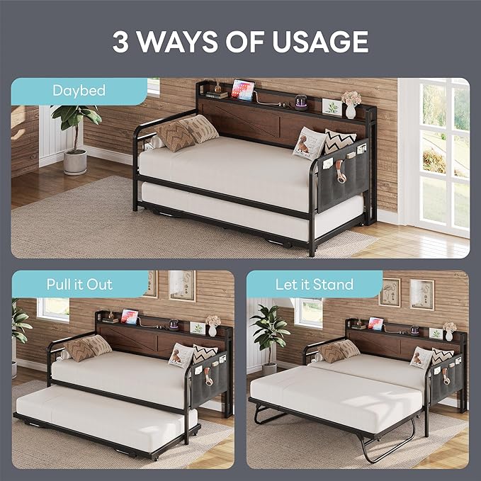 LIKIMIO Twin Daybed with Trundle Bed, Storage Headboard with Charging Station - Image 4