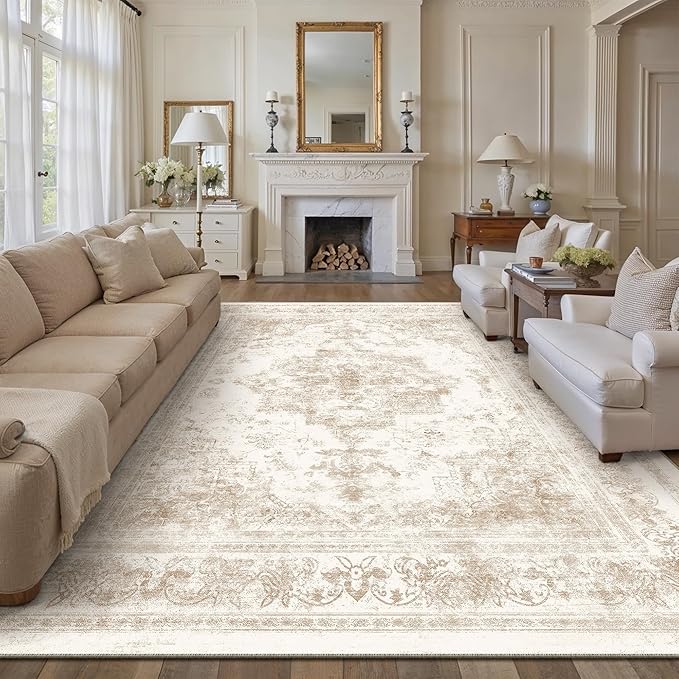 Area Rug 10x14 Cream Washable Living Room Beige Carpet Non Slip Vintage by PureCozy