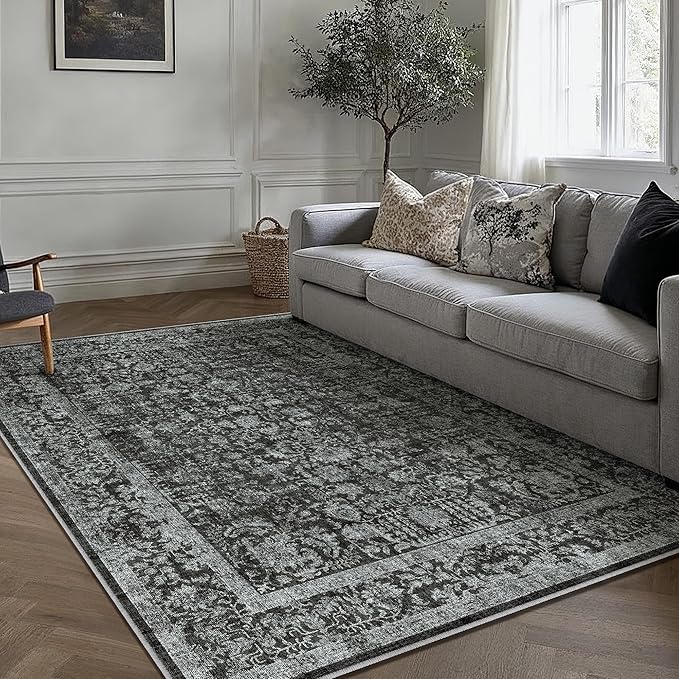 Dark Black Area Rug 5x7 Machine Washable Vintage Living Room Distressed Non by PureCozy