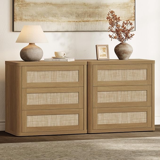 SICOTAS Rattan Night Stand Set 2, 26.8" Wide Oversized Nightstand by SICOTAS