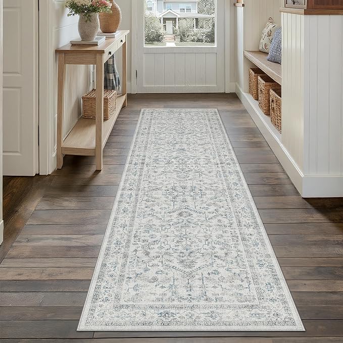 Blue 2x8 Runner Rug Vintage Area Carpet Hallway Indoor Kitchen Washable Low by PureCozy
