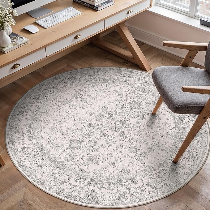 Grey Round Area Rug 3ft Entryway Door Mat Small Circle 3x3 Kitchen Vintage - Image 5