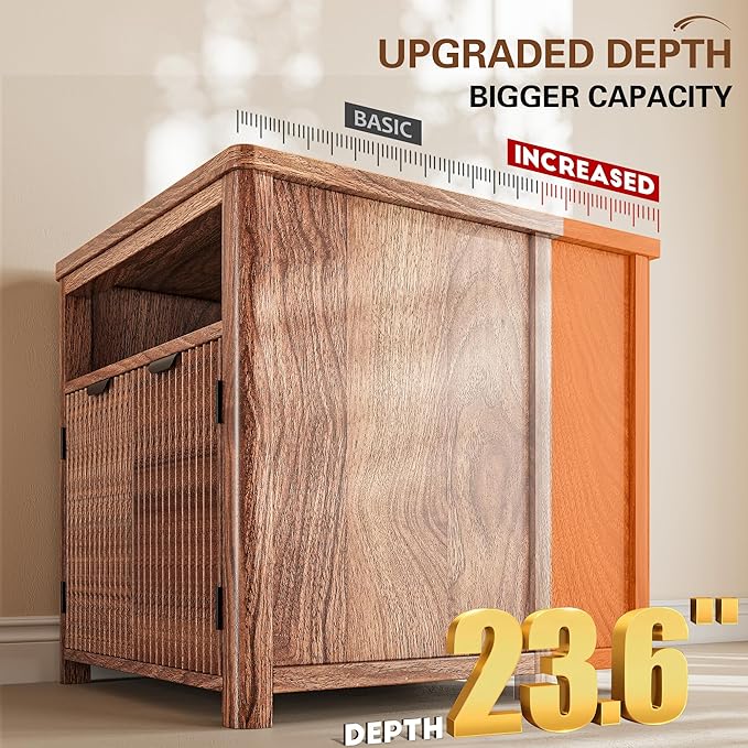 Fluted Nightstand with Charging Stations, 23.6" Wide Walnut Nightstand with - Image 5