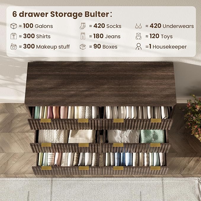 47'' Wide 6 Drawers Dresser for Bedroom, Modern Fluted Vertical Chest - Image 5
