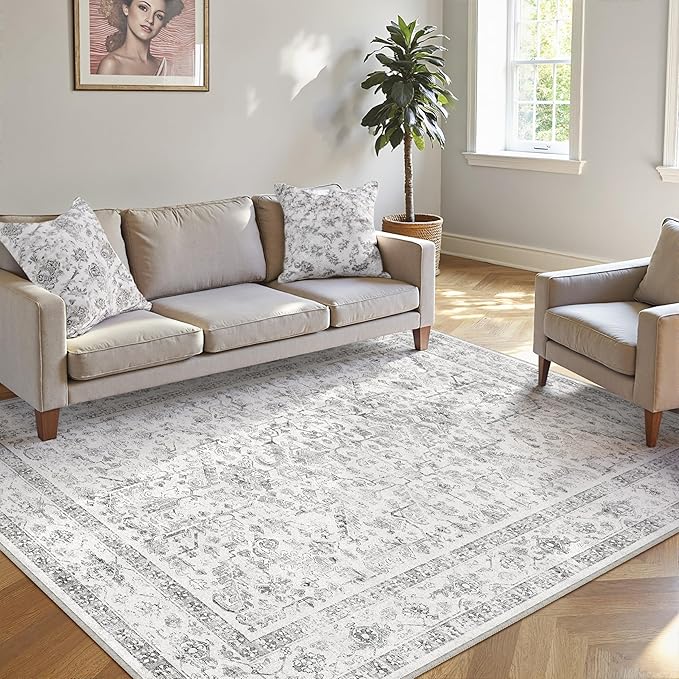 Grey 6x9 Area Rug Vintage Washable Living Room Carpet Non Slip Bedroom Indoor by PureCozy