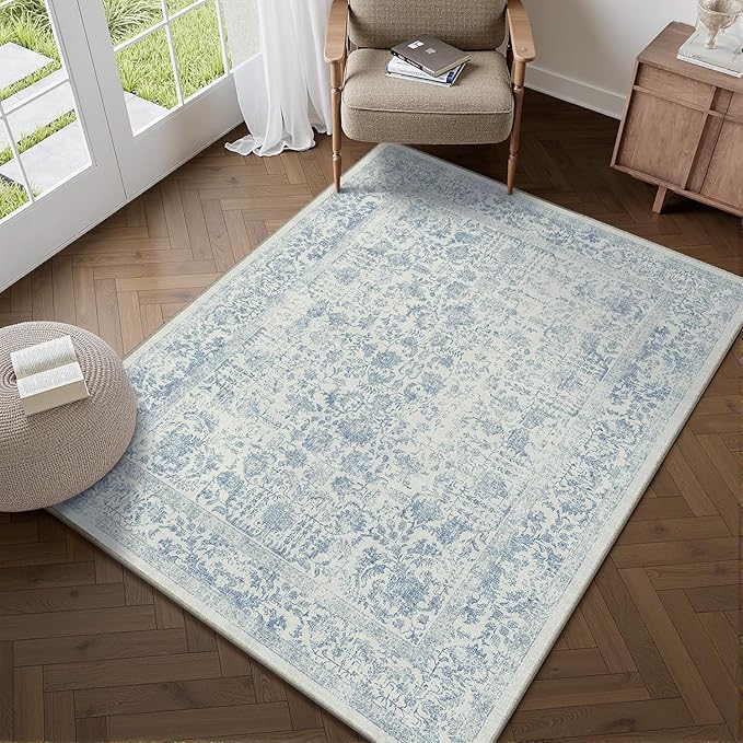 Blue Area Rug 3x5 Office Entryway Rug Machine Washable Kitchen Vintage by PureCozy