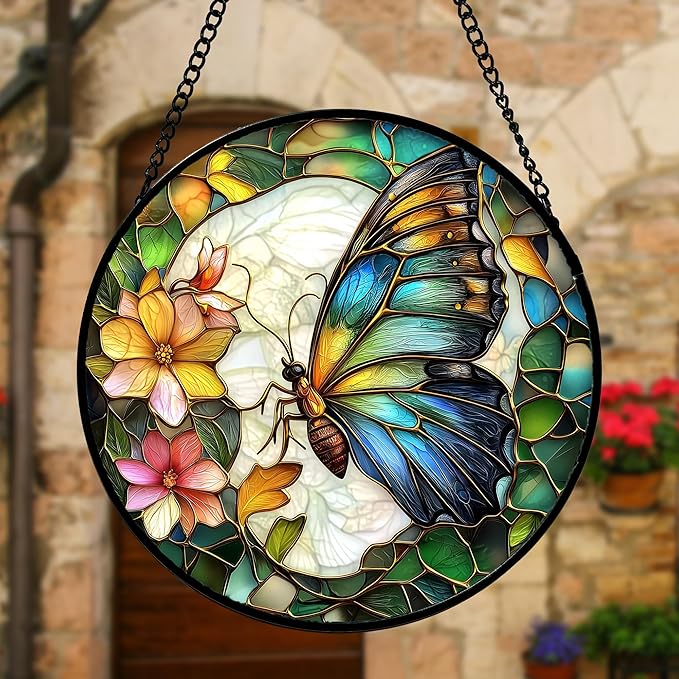 DASTOLL Stained Glass Window Hanging, Butterfly Flower Sun Catchers Diamond - Image 4