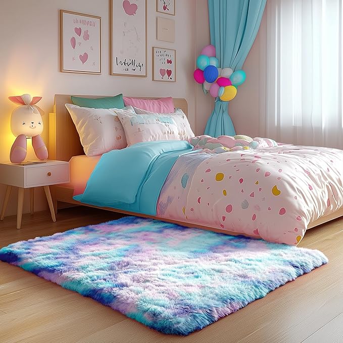 PAGISOFE Cute Furry Pastel Rug for Girls Bedroom, Soft Shag Rainbow Purple Tent - Image 3