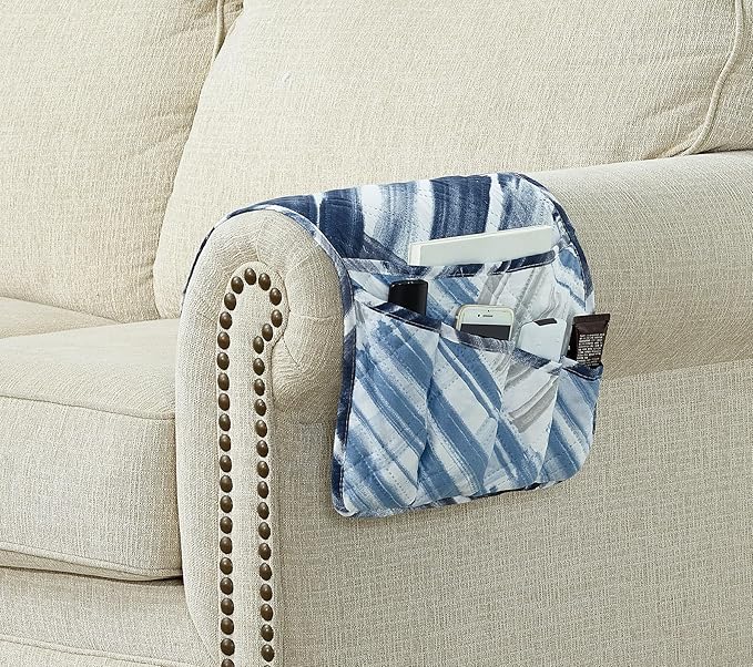Brilliant Sunshine Blue Grey Stripes Patchwork Couch Armrest 5 Pockets Organizer - Image 2