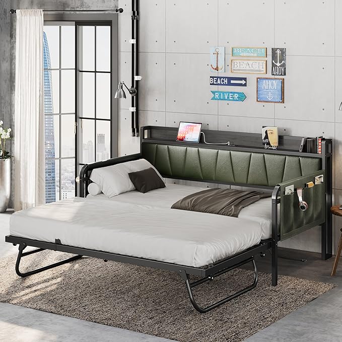 LIKIMIO Daybed with Trundle Bed, Twin Bed Frame with Storage Headboard and - Image 9