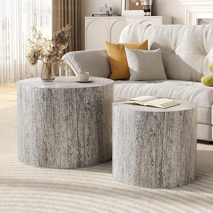 Nesting Coffee Table Set of 2, Round Dark Gray Nesting Table Modern Circle by Furnivado