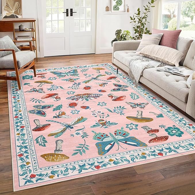 Mushroom Insect Washable Rug 5x7 Area Rugs by ROYHOME