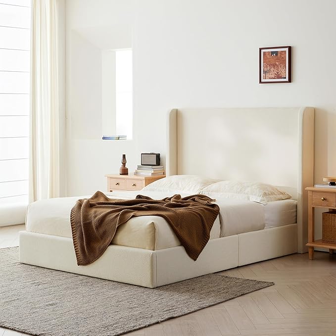 King Size Upholstered Bed Frame, 52.3" High Headboard Carmen Wingback Bed Frames - Image 3