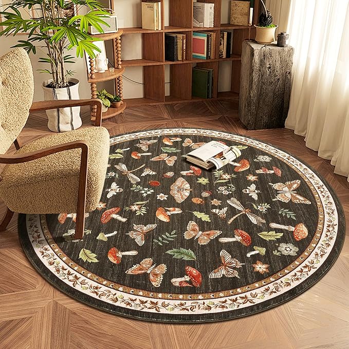 Mushroom Insect 4ft Round Rug Washable Non-Slip Soft Ultra-Thin Small Boho by ROYHOME