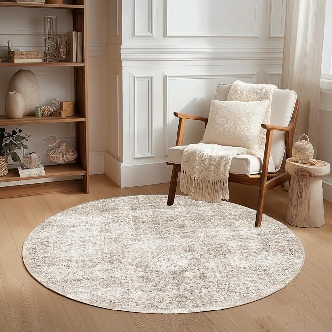 FMFUNCTEX 5ft Round Washable Area Rug Beige Vintage Neutral Distressed Non Slip by Fmfunctex
