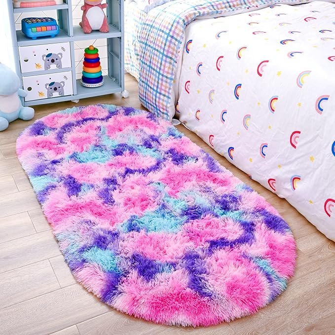 Noahas Oval Fluffy Hot Pink Rainbow Rug 2.6X5.3 Small Kids Rugs by ModernHomeDecor