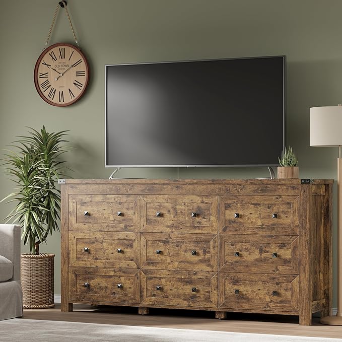 BORNOON 9-Drawer Dresser, Modern Wooden Storage Chest of Drawers, Dresser TV - Image 5