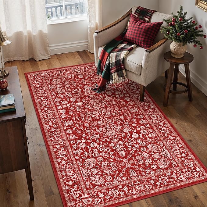 Christmas Area Rug 3x5 Red Washable Office Carpet Holiday Door Mat Vintage Low by PureCozy