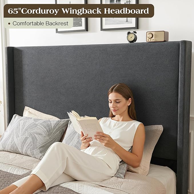 King Bed Frame with 65" Tall Headboard, Horizontal Fine Corduroy Bed Frame with - Image 3