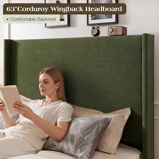 Queen Bed Frame with 63" Tall Headboard, Horizontal Fine Corduroy Bed Frame - Image 3